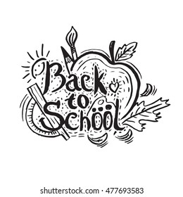 Hand drawing greeting card "Back to School" with apple,leaf,pencil and sun. Vector illustration