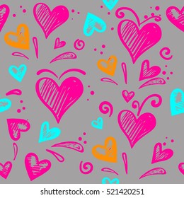 Hand drawing grey background with colorful hearts. Girlish repeated love pattern. Valentines day backdrop. Abstract seamless girlish backdrop