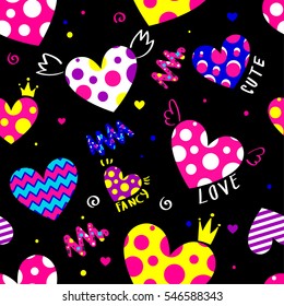 Hand drawing grey background with pink, white sketch hand drawing hearts and original text Princess with crown. Abstract seamless girlish repeated love pattern. Valentines day backdrop