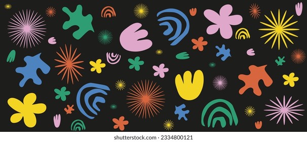 Hand drawing groovy background with abstract y2k Trendy Shapes. Modern ornament with colorful Organic Shapes. Funky stars, leaves, flowers, rainbow, 90s style. Vector Art.