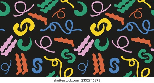 Hand drawing groovy seamless pattern with abstract Trendy Shapes. Wrapping paper with Organic Shapes. Funky loop, wave, bubble, line in y2k style. Vector Art.