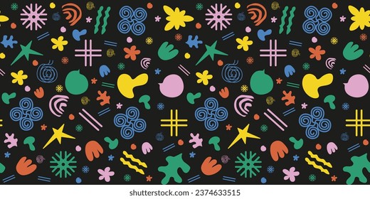 
Hand drawing groovy seamless pattern with abstract Trendy Shapes. Wrapping paper with Organic Shapes. Funky loop, flowers, star, mushroom, bubble, line in y2k style. Vector Art