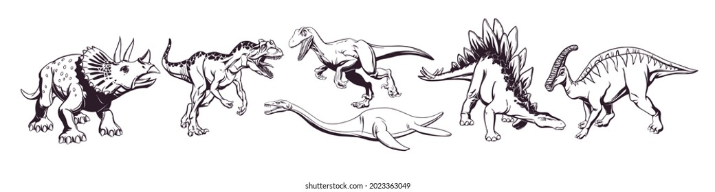 Dibujo manual de un grupo de lindos dinosaurios de dibujos animados para imprimir en camisetas, tazas, bolsas y diseños. Ilustración vectorial.