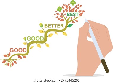 Hand Drawing a Growing Tree with Good Better Best Progress Levels for Business Success Concept