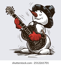 Hand drawing of guitarist snowman, cheerful cartoon musician playing in christmas, vector illustration