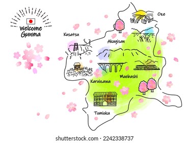 hand drawing GUNMA JAPAN in Spring tourist spot map, vector