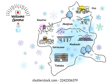 hand drawing GUNMA JAPAN in Winter tourist spot map, vector