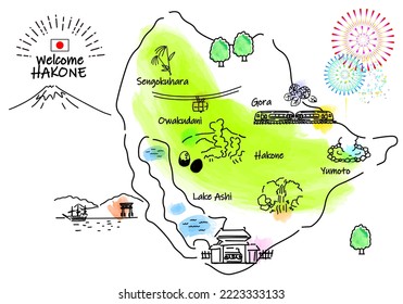  hand drawing HAKONE JAPAN tourist spot map, vector