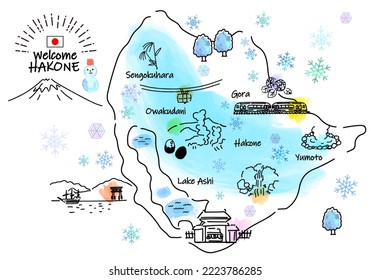 dibujo a mano HAKONE JAPAN en el mapa de puntos turísticos de invierno, vector