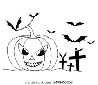 Hand drawing of halloween pumpkin with bat isolated on transparent background