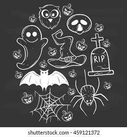 Hand drawing halloween set icons with bat, pumpkin, witch hat, spider and owl on chalkboard background