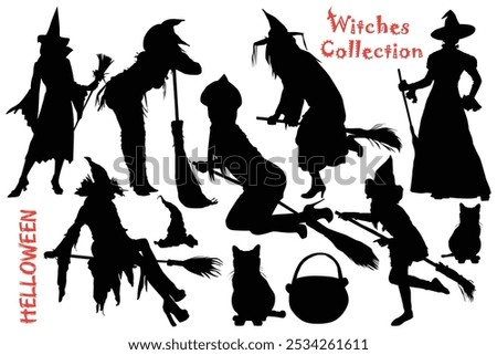 Hand drawing Halloween witch vector illustration. Sexy Witch Riding A Broomstick Graphics. Halloween  Wizard's hat in black isolated. Autumn October Spooky Halloween Vector Elements.