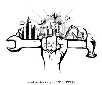 Hand drawing hammer grip construction industry concept vector
