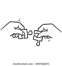 dibujo manual de manos resolviendo ilustración del rompecabezas en vector estilo doodle
