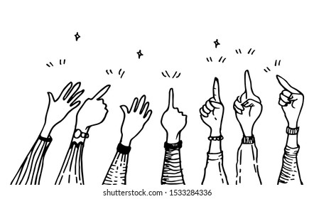 Hand Drawing With Hands Up, Pointing Finger, Thumbs Up Gesture On Doodle Style , Vector Illustration