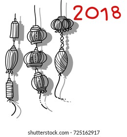 Hand drawing Happy Chinese New Year 2018 background, lantern, moon year, lunar year concept. Line art for coloring.