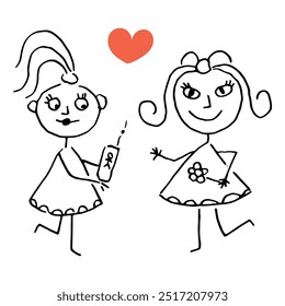 Hand drawing happy cute girls with flower and telephone. Two girls and heart for valentine day. Imitation childish drawing. Vector isolated illustration for card.