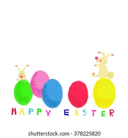 hand drawing happy Easter day. lovely 2 bunny hide and seek behind egg on white color background.