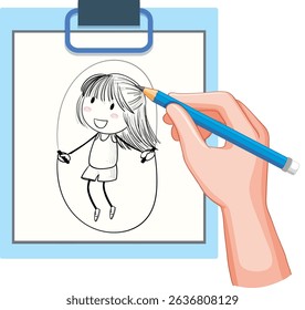 Hand drawing a happy girl on clipboard