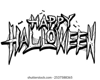 Desenho de mão Feliz Halloween linha arte texto Banner, técnica de desenho de hachura, Vetor EPS 