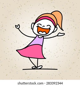 hand drawing happy kid, cute girl in pink dress, vector illustration