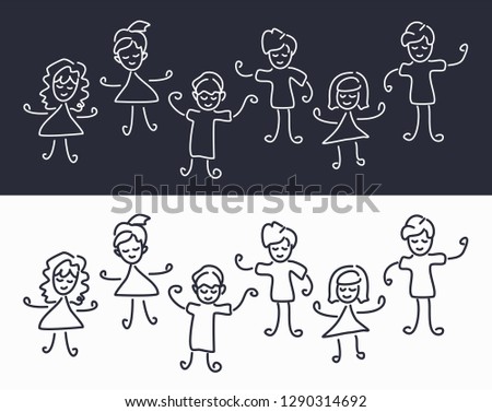 Hand Drawing Happy Kids. Vector Lines.