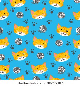 Hand drawing happy kitten or cat in child book illustration style seamless pattern