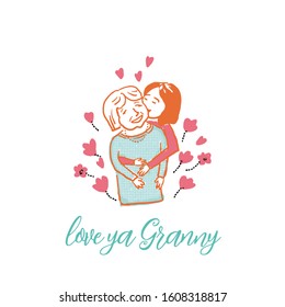 Hand drawing of happy smiling grandmother and grand daughter. Teenage girl hugging hugging old woman. Mid century colorful sketchy style. Vector. Greeting card for grandparents day.