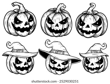 Hand Drawing Hatching Pumpkins Head Detail, outline lineart Vector EPS.