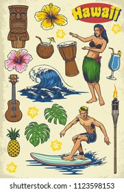 hand drawing hawaii concept retro set