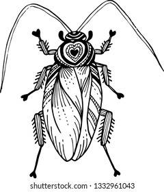 Hand Drawing Heart Cockroach. Black Line Doodle On White Background Vector. 