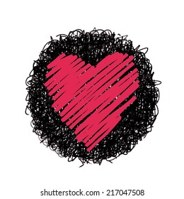 Hand drawing of heart doodle on black circle by crayon . use for background . 