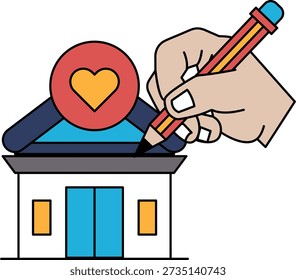 A hand is drawing a heart on a building. The heart is red and the building is white