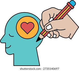 A hand is drawing a heart on a head. The heart is red and the head is blue. Concept of love and positivity