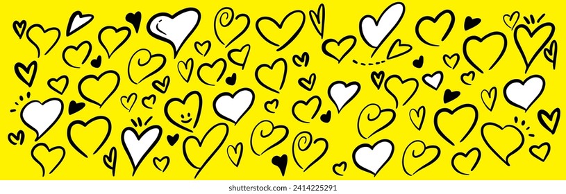 Hand drawing heart on yellow background. Hand drawing curved heart  set.