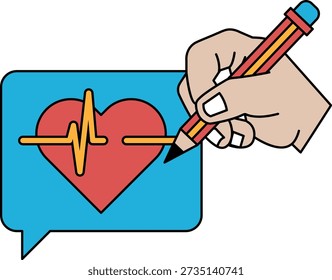 A hand is drawing a heart with a pencil on a blue background. The heart is red and the pencil is black