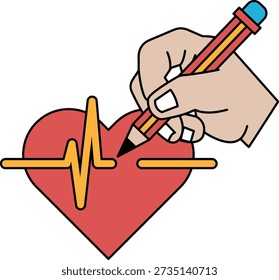 A hand is drawing a heart with a pencil. The heart is red and the pencil is yellow. Concept of creativity and the importance of expressing oneself through art