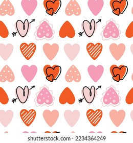 Hand drawing hearts on doodle style. San Valentines Day. Seamless pattern.