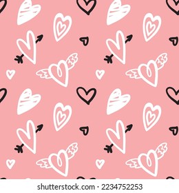 Hand drawing hearts on doodle style on pink background. San Valentines Day. Seamless pattern.