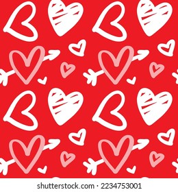 Hand drawing hearts on doodle style on red background. San Valentines Day. Seamless pattern.