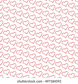 Hand drawing hearts seamless pattern on a light rose background.  Shades of  red. Vector illustration
