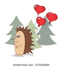 Hand drawing of a hedgehog with balloons. Forest animal in the cartoon style. Balloons in the shape of heart. Greeting card for Valentine's Day. Vector illustration. Happy birthday print.