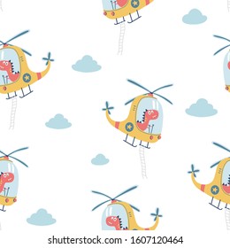 Hand drawing helicopter and cute dinosaur  pattern vector illustration.