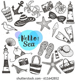 Handzeichnung Hallo Meer Thema doodle Grafik mit Strandattribute.