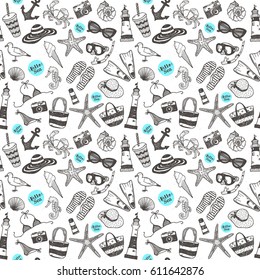 Hand drawing hello sea theme doodle graphics set with beach attributes in big seamless pattern