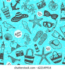 Hand drawing hello sea theme doodle graphics set with beach attributes in blue seamless pattern.