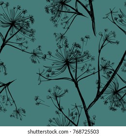 Hand drawing herbal ornament. Stalk textile pattern for spring fashion. Nifty  trendy botanical seamless. Grassy black silhouette culm and seed. Nature cosmetic pack. Organic gental flower.