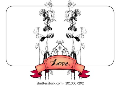 Hand drawing herbal tree birch silhouette. Be my valentine. Vintage styling gentle element for st.valentine's day. Gentle hand drawn botanical stalk. Old styled nature for wedding card.
