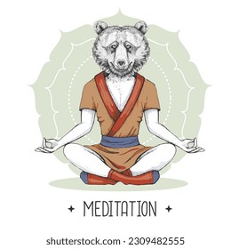 Hand drawing hipster animal bear meditating in lotus position on mandala background. Vector illustration