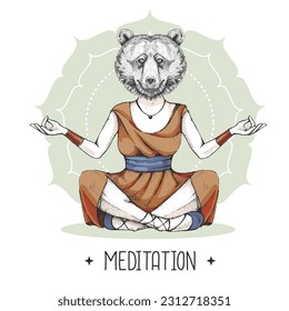 Hand drawing hipster animal bear meditating in lotus position on mandala background. Vector illustration